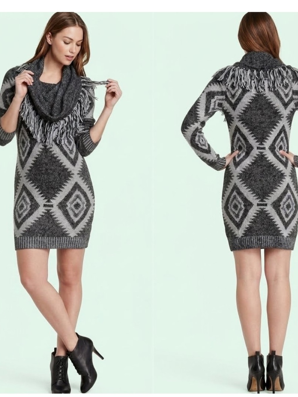Sweater Dress Boho Aztec Gray Black Tunic Abstract Geometric 1X Monroe & Main